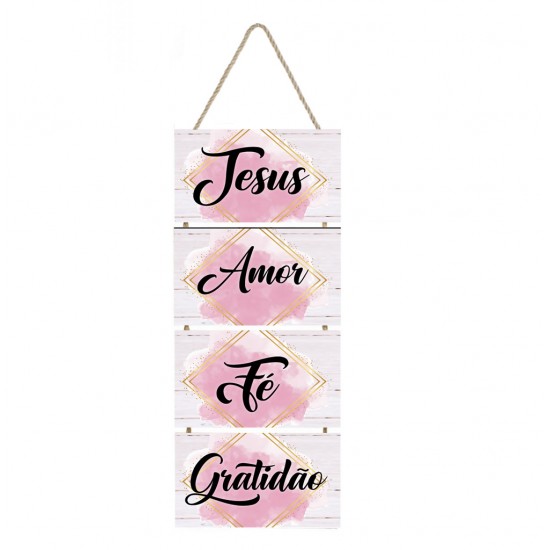 Placa decorativa com frase Jesus, amor, fé Gratidão PL115