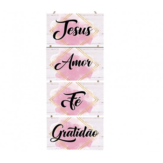 Placa decorativa com frase Jesus, amor, fé Gratidão PL115
