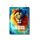 Placa decorativa Leão com frase Jesus Reina neste lugar.