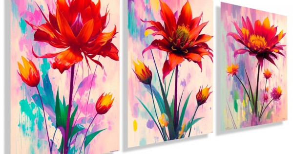 Kit com 3 quadros decorativos flores aquarela KIT108
