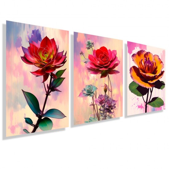 Kit com 3 quadros decorativos flores coloridas KIT117