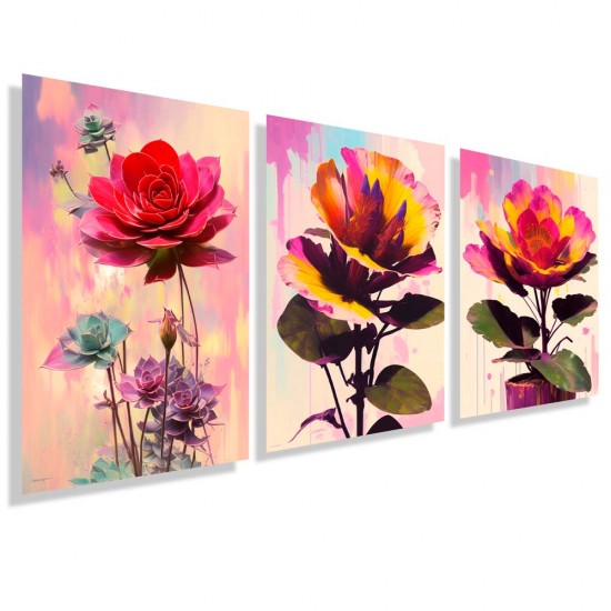 Kit com 3 quadros decorativos flores coloridas KIT118