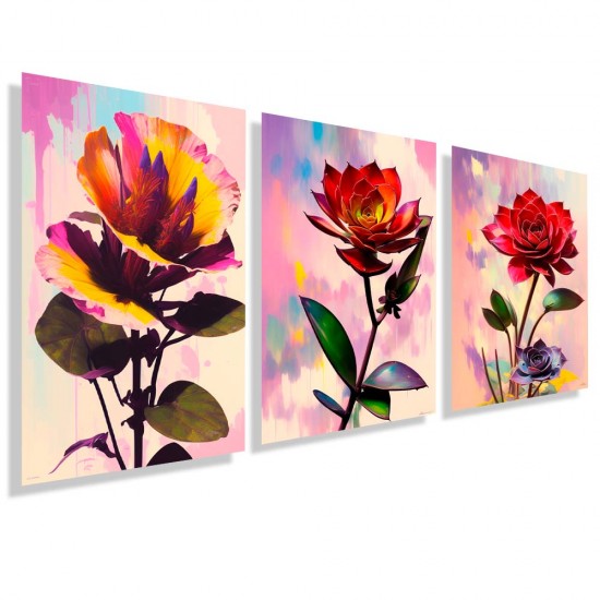 Kit com 3 quadros decorativos com tema rosas e flores KIT119