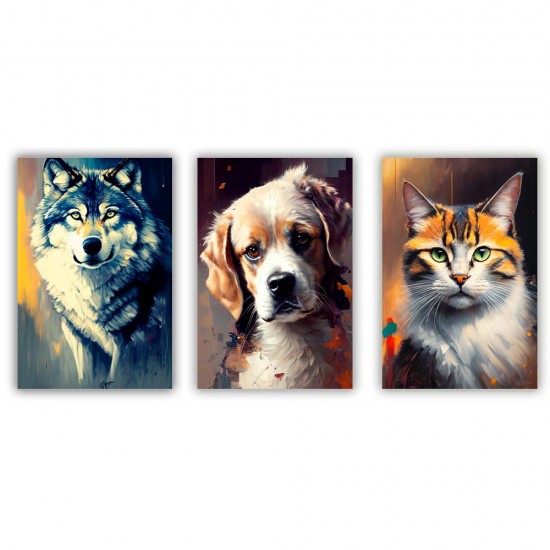 Kit com 3 quadros decorativos Gato, Lobo, Cachorro KIT120