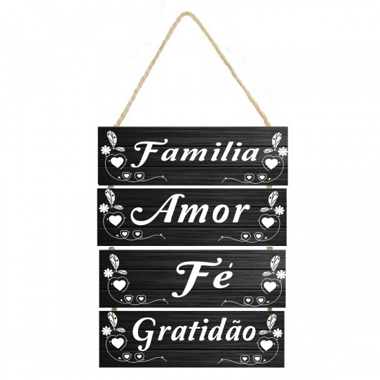 Placa decorativa com frase Família, amor, fé, gratidão 28