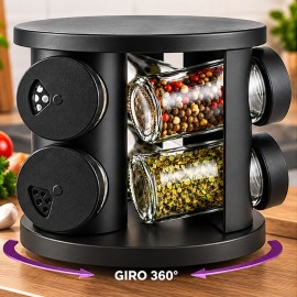 Porta Temperos Girat�rio 6 Potes Vidro Organizador Preto