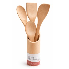 Kit Utens�lios de Cozinha Bambu 4 Pe�as com Suporte Praticidade, Organiza��o e Durabilidade