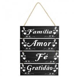 Placa decorativa com frase Fam�lia, amor, f�, gratid�o 28