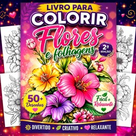 Livro Para Colorir Flores Lindas e Folhagens Terapia Relaxante