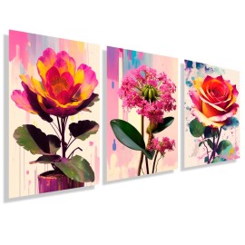 Kit com 3 quadros decorativos flores aquarela  KIT111 