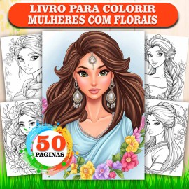 Livro de colorir adulto antiestresse mulheres florais | 50 desenhos femininos relaxamento arteterapia