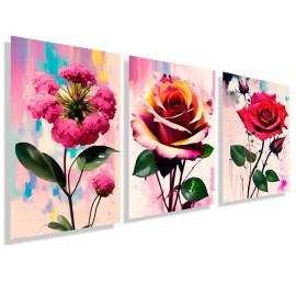 Kit com 3 quadros decorativos flores aquarela  KIT110 