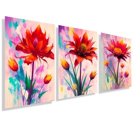 Kit com 3 quadros decorativos flores aquarela KIT108 