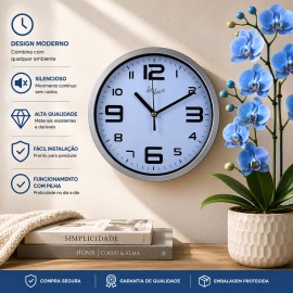 Rel�gio de Parede Redondo Prata 20cm com N�meros Grandes