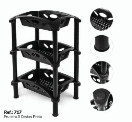Fruteira com 3 cestas  preta de plastico resistente 