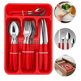 Faqueiro 24 Pe�as em A�o Inox com Cabos Vermelhos + Porta-Talher