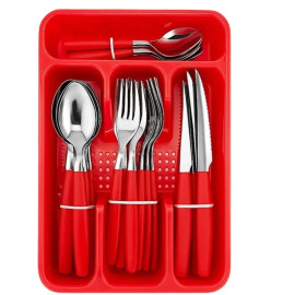 Faqueiro 24 Pe�as em A�o Inox com Cabos Vermelhos + Porta-Talher
