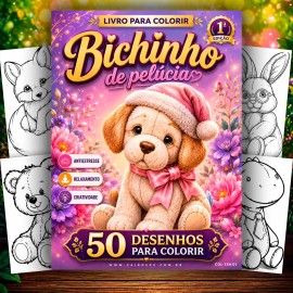 Livro para Colorir Animais de Pelucia Fofos Anti Stress Relaxante Kawaii Cute Cozy Hobby Passatempo Criativo Bichinhos Urso Coelho